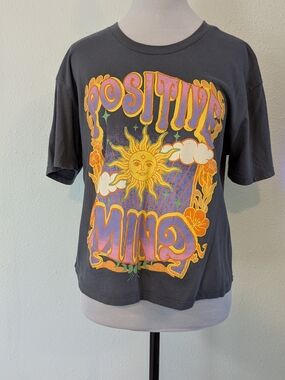 Pretty Rebellious Charcoal Tee with Yellow & Purple Sun Graphic